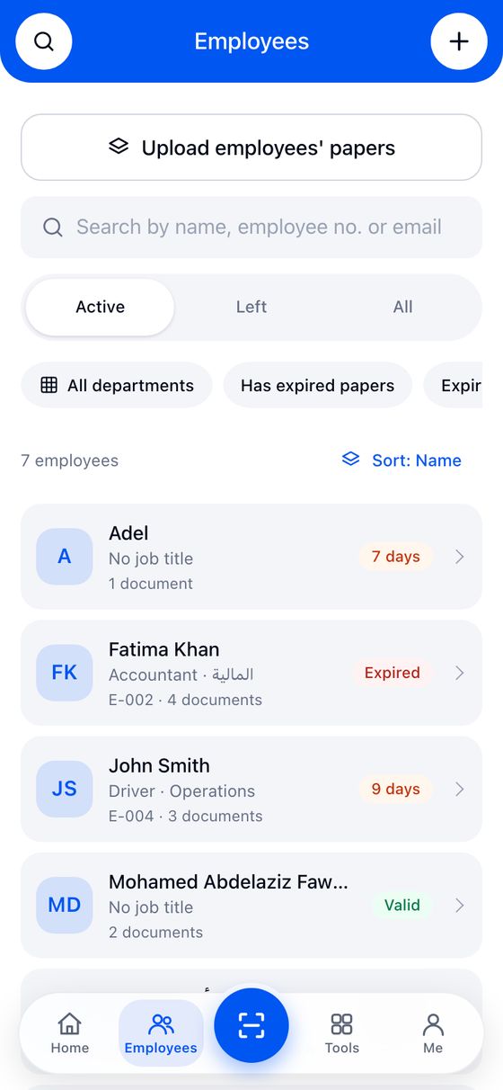 The employees list with search and filters by department and time left