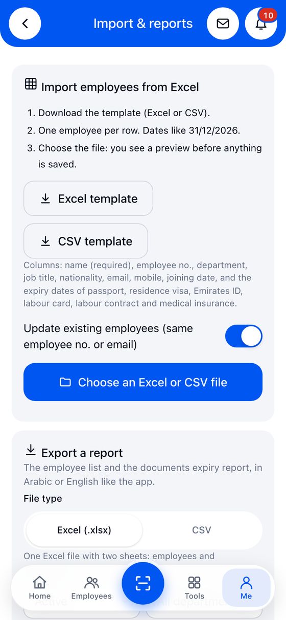 Import from Excel or CSV with a preview before saving, and report export