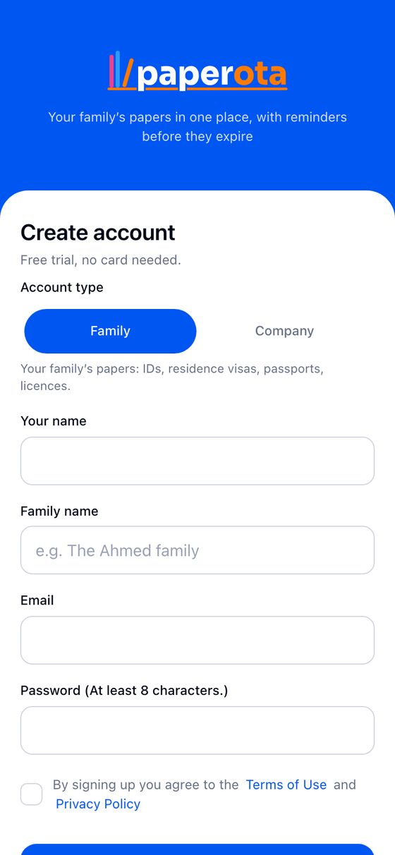 The create account screen: choose family or company