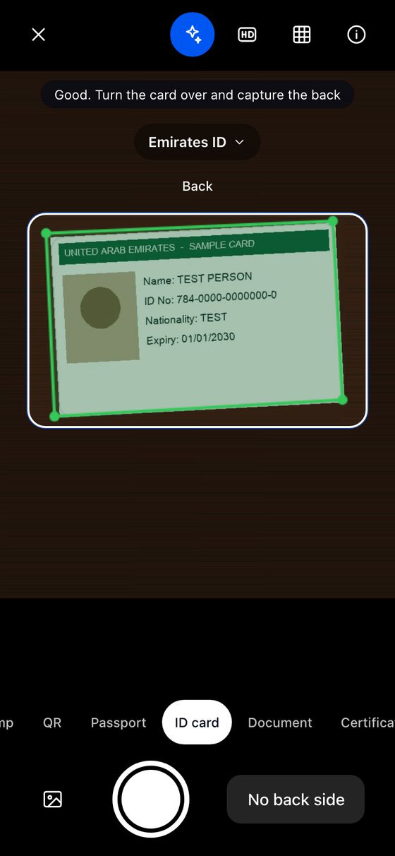 The camera in ID card mode